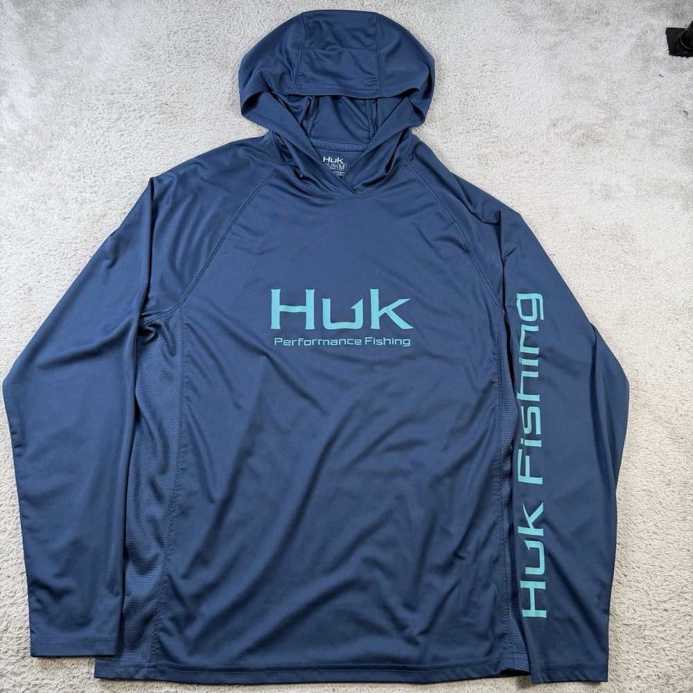 Huk Shirt Mens Medium Navy Hooded Long Sleeve Fishing Performance Active Sun